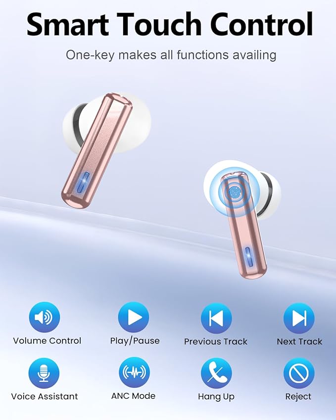 ZIUTY Wireless Earbuds Bluetooth Headphones, ANC/ENC Noise Cancelling, Ear Buds with Multifuntional Touch Screen, 40H Stereo Sound for Sports, IPX7 Clear Calls, 5 EQ for iOS Android (Rose Gold)