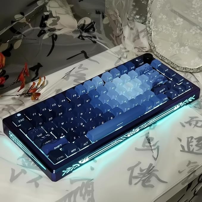 PBT Moonlit Keycaps Custom Dark Blue Shine Through Keycaps Cherry Profile 128 Keys Side Print Key Caps Gradient Blue for Mechanical Keyboards 60% 65% 75% Backlit