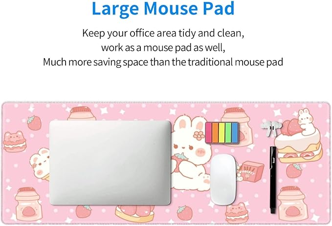 Kawaii Rabbit Strawberry Gaming Mouse Pad Extended Large Mouse Mat 31.5 X 11.8 Inch Nonslip Rubber Base Long Desk Pad Stitched Edges Mousepad Mice Pad for Office Home Game