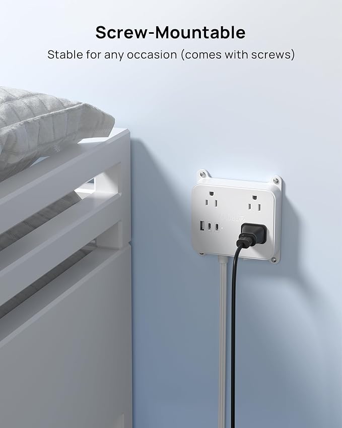 TROND Flat Power Strip with Outlet Concealer, 10FT Extension Cord with 3 Widely Spaced AC Outlets, 3 USB Charger(2 USB C Ports), Wall Mount Power Strip, Compact for Nightstand Couches Home Essentials