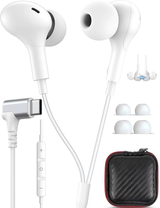 USB C Headphones for Samsung S26 Ultra S25 FE A16 A17,Right Angle Magnetic Wired Earbuds with Mic Control,Stereo Noise Isolation In-Ear Type C Earphone for iPhone 17 Pro Max 17e 16e 16 15 Pixel 10a 9a