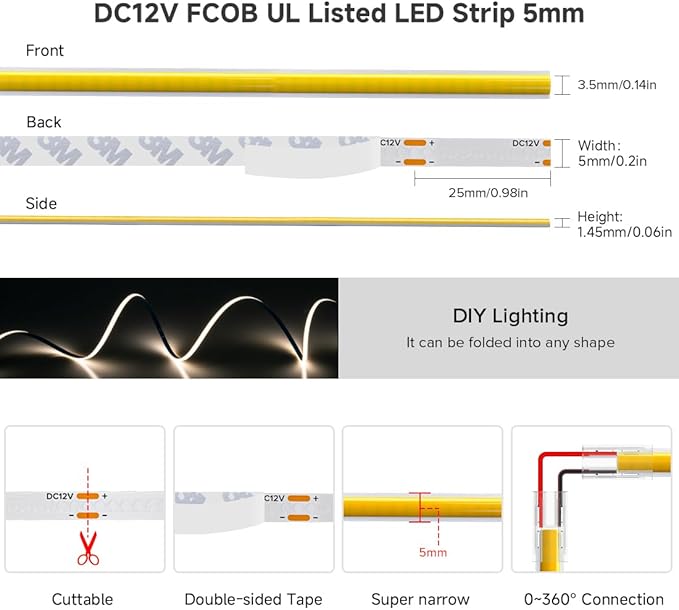 BTF-LIGHTING FCOB COB 5mm Width UL Listed Super Narrow Flexible Uniform Light LED Strip 16.4FT DC12V 4000K CRI 90+ Dimmable LED Ribbon for Kitchen Home Indoor Decoration(No Adapter or Controller)