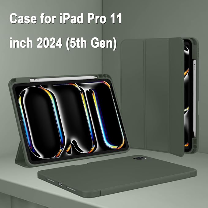 ZryXal iPad Pro 11 Inch Case (M5) 2025/ (M4) 2024 (Model: A2836/A2837/A3006), Trifold Stand Smart Cover with Pencil Holder and Soft TPU Back, Auto Wake/Sleep (Dark Green)