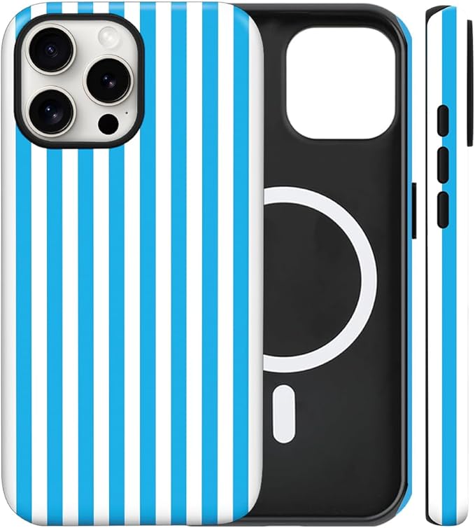 Magnetic for iPhone 16 Pro Case Cute Stripes Phone Case, Shockproof Slim TPU and Hard PC Protective Phone Cover Compatible with MagSafe Designed for Women Girls, Deep Blue