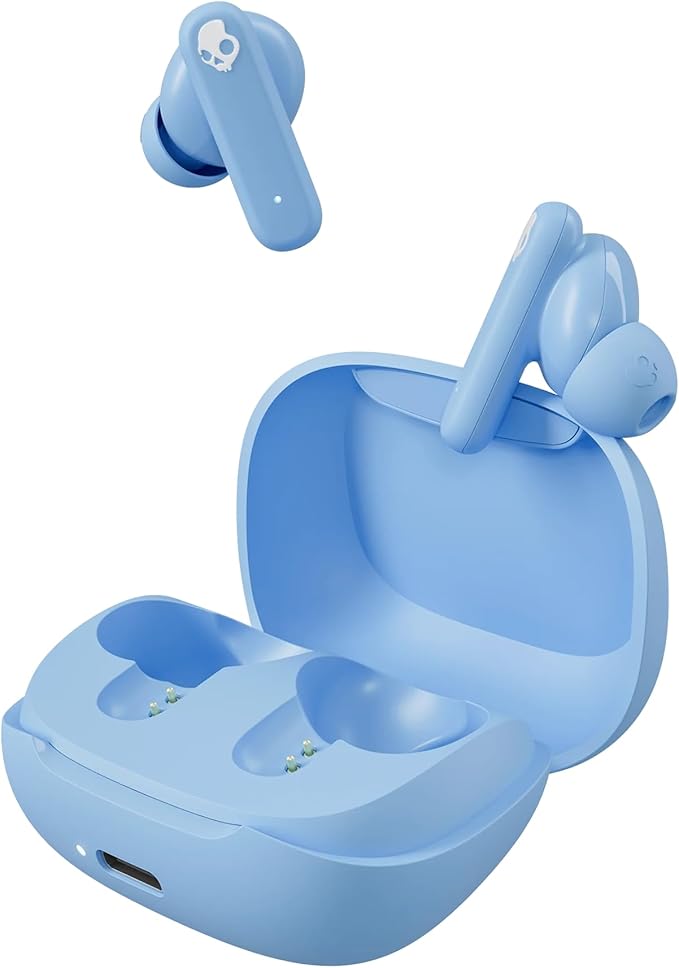 Skullcandy Smokin’ Buds Wireless Earbuds, Bluetooth Headphones, Noise Isolating Fit, Up to 20 Hours Battery, IPX4 Sweat and Water Resistant, Microphone for iPhone Android - Preppy Blue