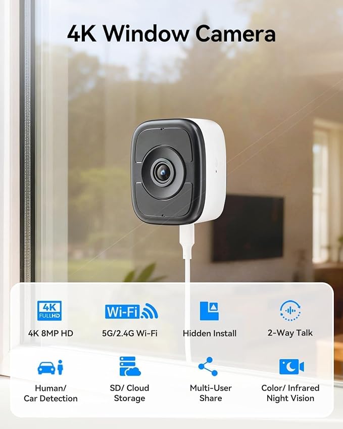 LongPlus 4K 8MP Window Camera for Home Security, Indoor Magnetic Window Security Camera 2.4G & 5Ghz WiFi Human Detection Alert, AI Full Color Night Vision, Easy Magnetic Mount Safe View for Apartment