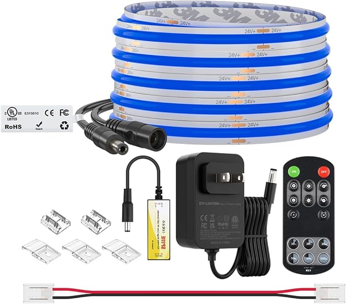 BTF-LIGHTING COB LED Strip Light 12V 16.4FT UL Listed, Blue Color Dimmable High Density Flexible Tape Light with RF Remote & ETL Power Adapter, Ultra Bright for Bedroom Kitchen Home Indoor Lighting