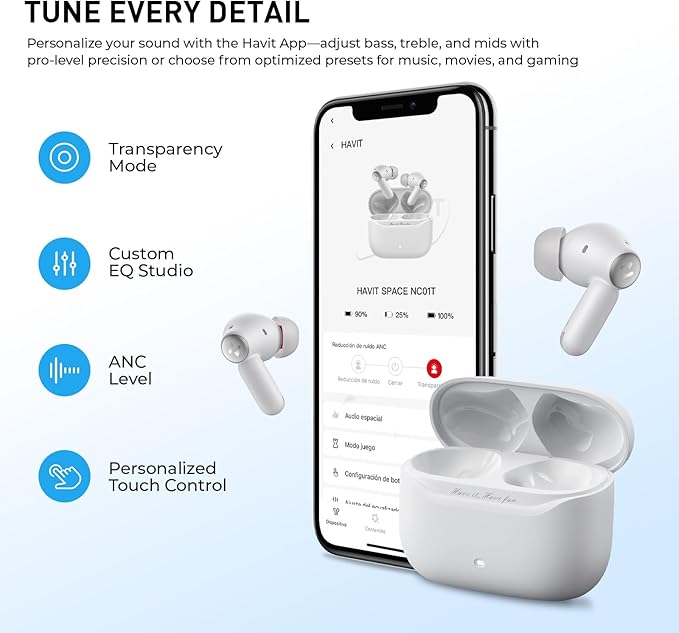 havit Hybrid Active Noise Cancelling Wireless Earbuds, Bluetooth 6.0 in-Ear Headphones, 6 Mics ENC Clear Call Ear Buds, 30+H Playtime, 3D Spatial Audio, Custom EQ via App, IPX5 Waterproof Grey