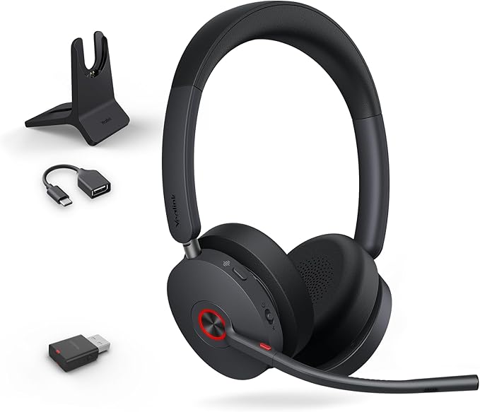Yealink WH68 Hybrid DECT 6.0 & Bluetooth Wireless Headset with Charging Stand, Enterprise Grade ANC Office Headphones, 492ft Range, 6-Mic Noise Cancelling for Teams, Zoom, UC, PC/Smartphone,32H Call