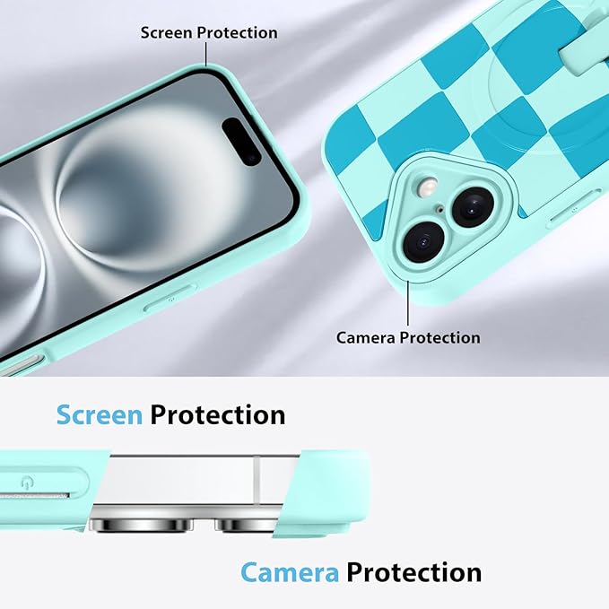 KANGHAR Compatible with iPhone 16 Case, Support for MagSafe, Silicone Checkered Cute Pattern, Wristband Kickstand Camera Protection Soft Slim Cover for Girls Women -Blue