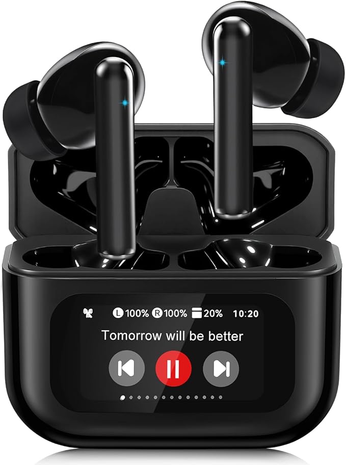 Bluetooth Earbuds with LED Touchsceen, IPX7 Waterproof Wireless Earphones, Hi-Fi Stereo & 68H Playtime, ANC ENC Noise Cancelling, for Work/Running/Trave (Black)