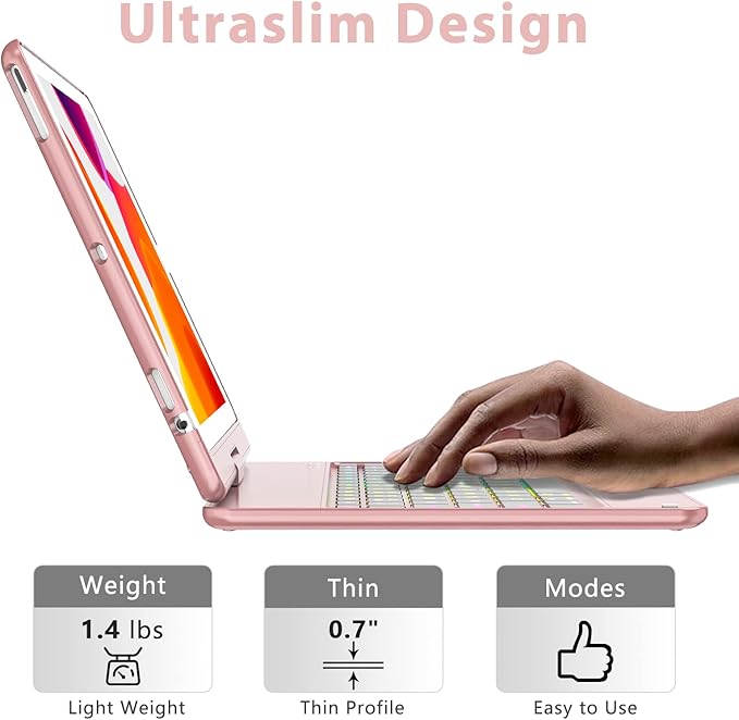 MMK for iPad 6th Generation Case with Keyboard | Compatible with iPad 5th Gen (2017) & iPad Air (1st, 2th Gen | 2013, 2014) & iPad Pro 9.7 inch (2016) | 10 Color Backlight & 360 Rotation-Rose Gold
