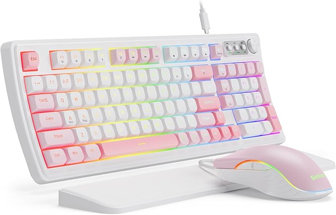 SABLUTE Wired Gaming Keyboard and Mouse, RGB Backlit Mechanical Feel Keyboard with Multimedia Knob & Anti-Ghosting Ergonomic Premium Leather Wrist Rest (Pink)