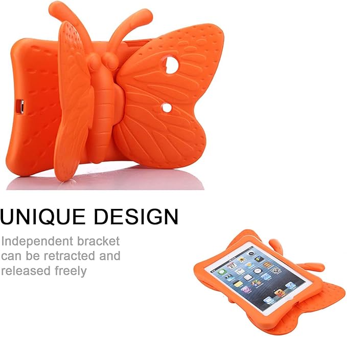 Kids Case for Apple iPad Mini 5/Mini 4/Mini 3/Mini 2/Mini 1 with kickstand Soft EVA Foam Lightweight Shockproof Stand Cover for iPad Mini 5th/4th/3rd/2nd/1st Generation 7.9", Orange Butterfly