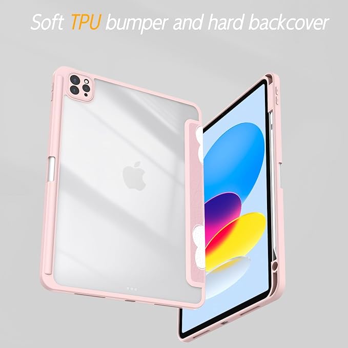 Case for iPad Pro 11 inch 4th/ 3rd/ 2nd / 1st Generation (2022/2021/2020/2018), Case with Pencil Holder, Clear Back Cover Cute Cool Design for Women Girls, Auto Sleep/Wake, Pink White Flower