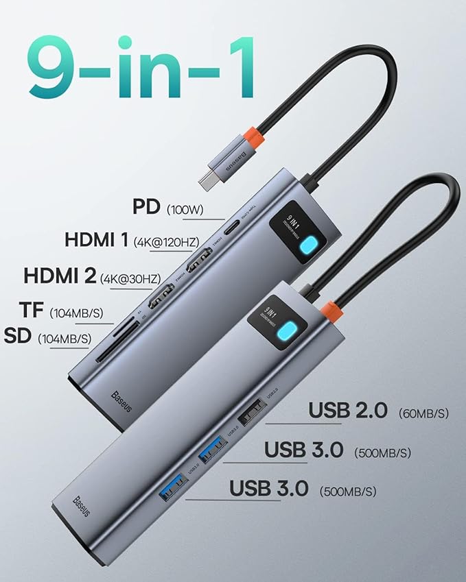 Baseus Laptop Docking Station Dual Monitor 9 in 1 USB C Hub up to 4K@120Hz with 2 HDMI, 1000Mbps LAN, Max 85W PD, 3 USB, SD Card Reader,USB C Dock Compatible with iPhone/Mac/Dell/HP/Surface/Steam Deck