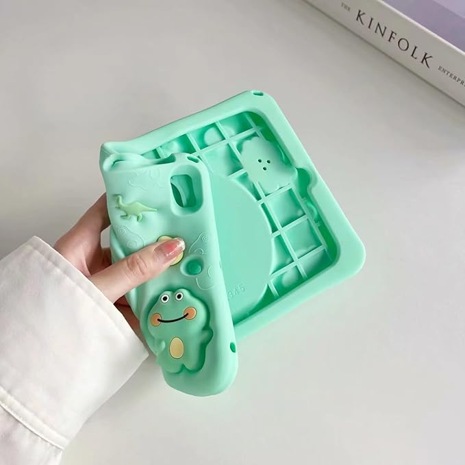 3D Cute Press Dinosaur Case for iPad mini 7 (A17 Pro) 2024/Mini 6 2021 8.3 inch,Kawaii Cartoon Character Pretty Dinosaur Soft Silicone Rotating Stand Case with Lanyard for Kids Teens Girls Women