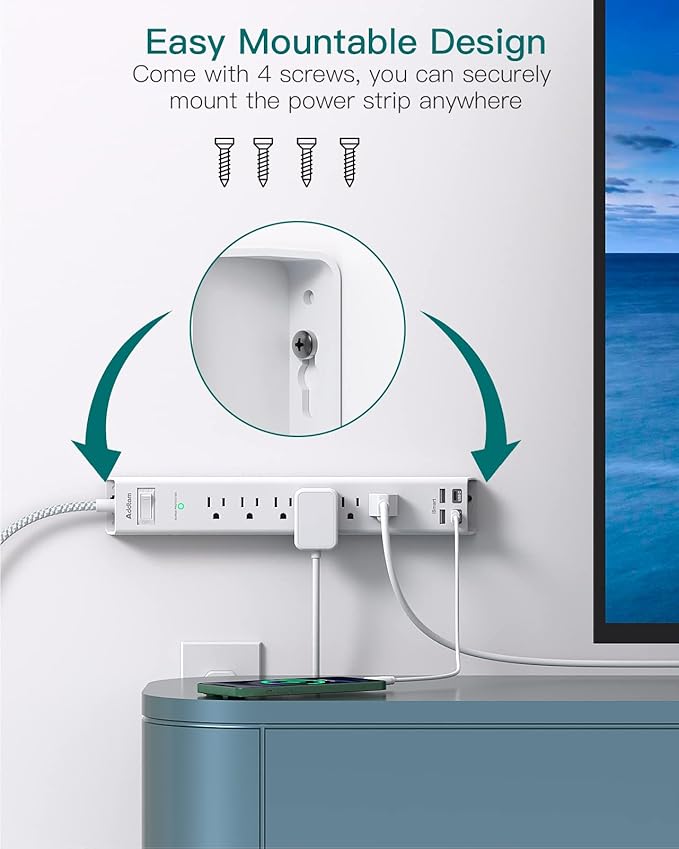 Power Strip Surge Protector with USB C - Flat Plug Extension Cord with 6 AC Outlets 4 USB (2 USB C), Wall Mount, 5ft, 1080 J, Multi Plug Outlet Extender for Home Office Dorm Room Essentials