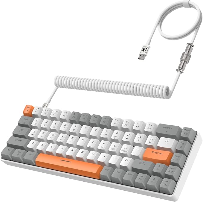 ZIYOU LANG RK-T8 Wired 65% Mechanical Gaming Keyboard with RGB LED Backlit Anti-ghosting TKL Mini 68 Key Custom Coiled C to A Cable Linear Red Switch for PS4 PS5 Xbox PC Mac Gamer(Gray/White/Orange)