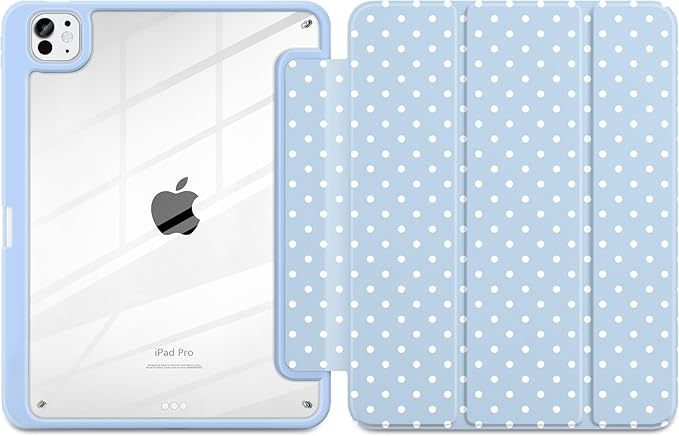 Case for iPad Pro 11 Inch (M5 2025 M4 2024) – [Built-in Pencil Holder], Shockproof & Stylish, Clear Hard Back + Soft TPU Edge, Magnetic Trifold Stand, Auto Wake/Sleep, Blue White dot