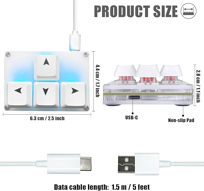 BTXETUEL Mini 4-Key Keyboard WASD Arrow Key Keycaps One-Handed Mechanical Gaming Programmable USB-C Customized Keyboard for Working or Gaming (White, Arrow Keycaps 1)