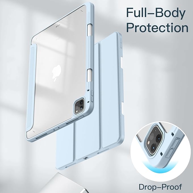 JETech Case ONLY for iPad Pro 11 Inch (2022/2021/2020/2018) with Pencil Holder, Clear Transparent Back Shell Slim Stand Shockproof Tablet Cover, Auto Wake/Sleep (Light Blue)