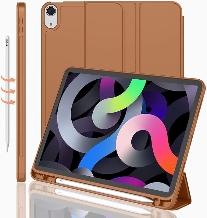 iMieet iPad Air 11 Inch Case M4/M3/M2(2026/2025/2024), iPad Air 5th/4th Generation Case 2022/2020 10.9 Inch with Pencil Holder,Trifold Stand Smart Case with Soft TPU Back(Brown)