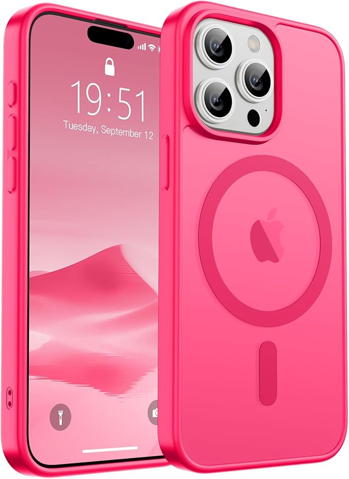 SUPFINE Magnetic for iPhone 15 Pro Case (Compatible with MagSafe) (Military Grade Drop Protection) Slim Translucent Matte Shockproof Phone Cover,Hot Pink