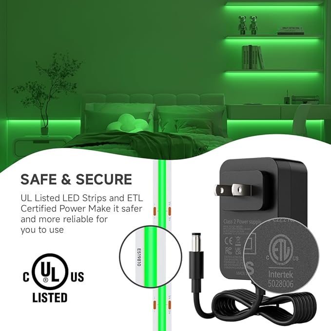 BTF-LIGHTING COB LED Strip Light 12V 16.4FT UL Listed, Green Color Dimmable High Density Flexible Tape Light with RF Remote & ETL Power Adapter, Ultra Bright for Bedroom Kitchen Home Indoor Lighting