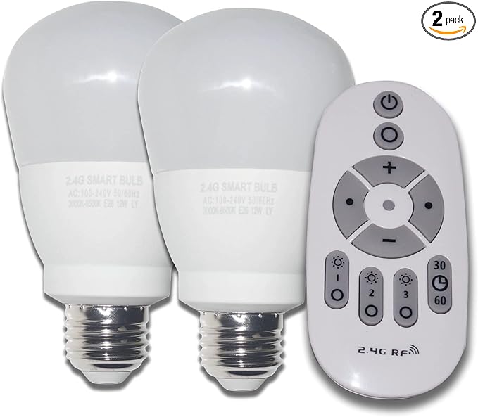 12W E26 Smart LED Light Bulbs Dimmable with 2.4GHz Wireless 3-Zone Remote Control - Adjustable Color Temperature (Warm/Cool) and Brightness 2 Pack (2 Bulb+1 Remote)