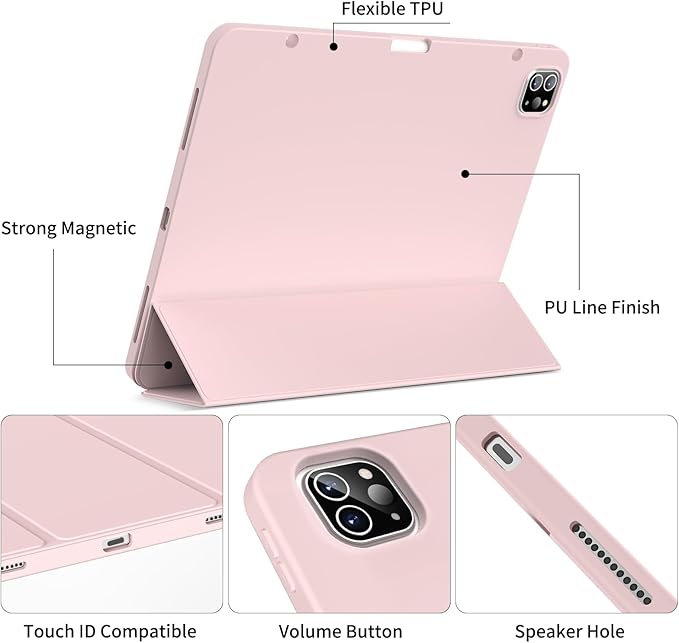 KENKE for iPad Pro 11 Inch Case 4th/3rd/2nd Generation 2022/2021/2020 Magnetic Attachment 2nd Pencil with Right Side Pencil Holder Soft Slim PU Cover Auto Wake/Sleep (Pink)
