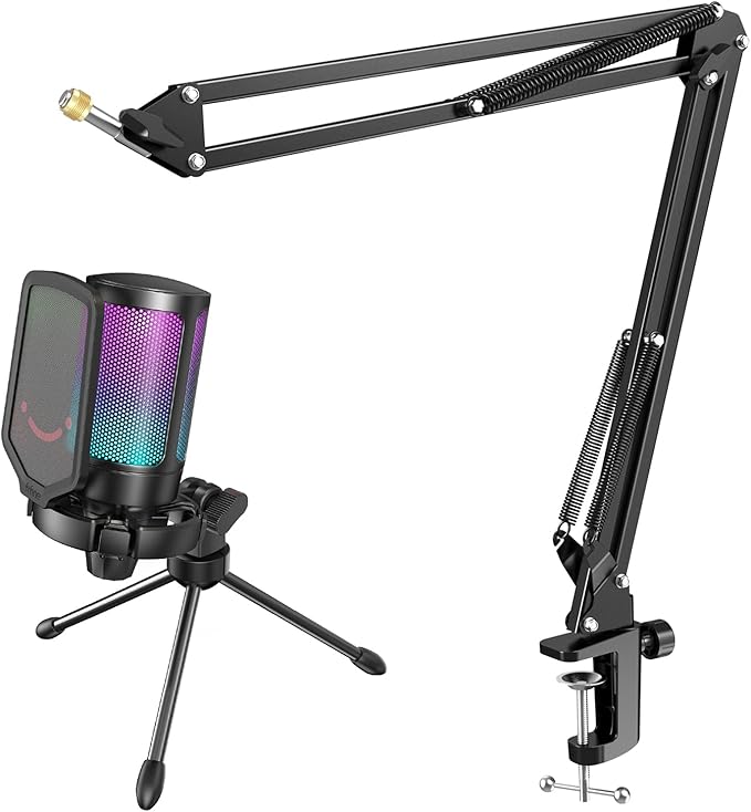 FIFINE Gaming USB Microphone Bundle with Mic Boom Arm, Condenser Mic with Quick Mute, RGB Light for Streaming, Suspension Scissor Arm Stand Kit for Recording Voice-Over Studio (A6V+CS1)