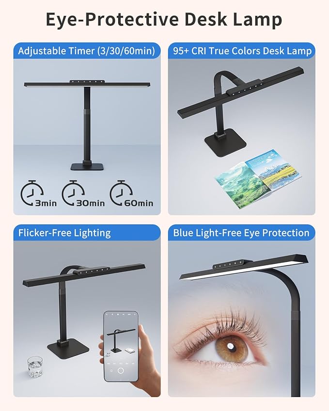 24W LED Desk Lamp, 112 High-Bright Eye-Caring Architect Light, 3000K-6000K Stepless Dimmable Touch Control, Weighted Metal Base, Auto-Dimming & Memory Function for Home Office, Reading, Gaming, Black