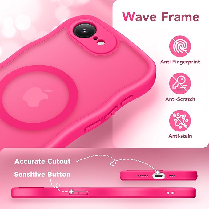 CAPRARO for iPhone 16e Case for Women Girls, Upgraded [Full Camera Protection] [Compatible with MagSafe] Cute Wave Translucent Matte Phone Case for iPhone SE 4 6.1-Inch, HotPink
