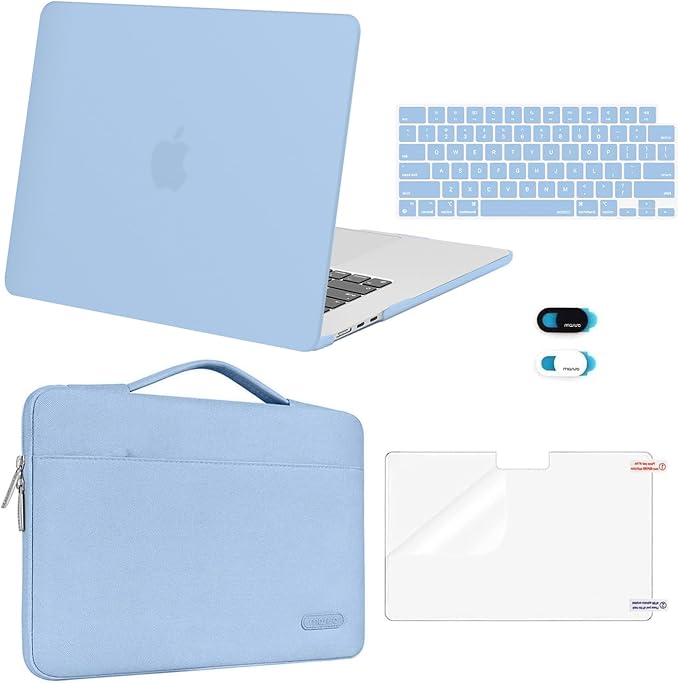 MOSISO Compatible with MacBook Air 15 inch Case M5 2026 M4 2025 M3 M2 2024 2023 A3448 A3241 A3114 A2941,Protective Hard Shell&Carrying Sleeve Bag&Keyboard Cover&Webcam Cover&ScreenFilm, Air Blue