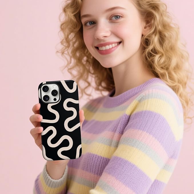 Magnetic for iPhone 14 Pro Case Cute Curved Stripes Phone Case, Shockproof Slim TPU and Hard PC Protective Phone Cover Compatible with MagSafe Designed for Women Girls,Black