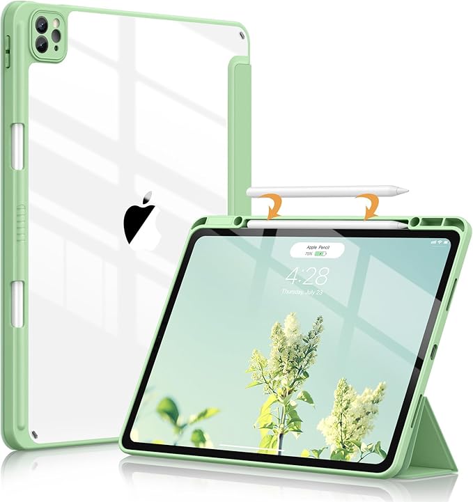 Soke Case for iPad Pro 12.9 Inch (6th/5th/4th/3rd Generation, 2022/2021/2020/2018) - Pencil Holder + Auto Sleep/Wake + Camera Protection, Transparent Shockproof Back Cover,Matcha Green