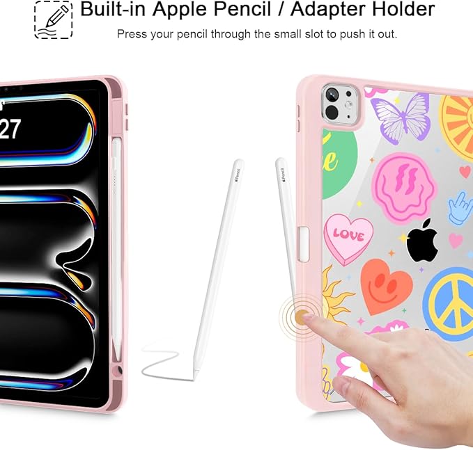 May Chen Case for iPad Pro 11-Inch M5/M4 2025/2024 (6th/5th Generation), Clear Transparent Print Back Shell Slim Stand Shockproof Tablet Cover, Auto Wake/Sleep, Smile Art