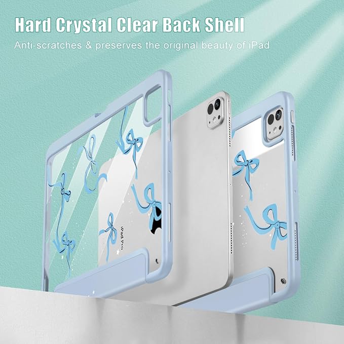 May Chen Case for iPad Pro 11-Inch M5/M4 2025/2024 (6th/5th Generation), Clear Transparent Print Back Shell Slim Stand Shockproof Tablet Cover, Auto Wake/Sleep, Bows Blue