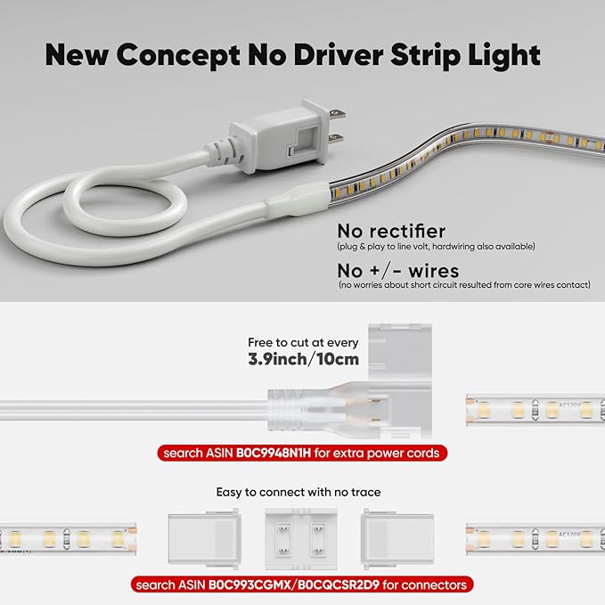 Shine Decor LED Strip Light Super Bright 12000LM, Plug&Play 120V Driverless Easy Wiring, Flicker Free Weatherproof for Outdoor Indoor, Min. 3.9” Cuttable Stickable, 2800K Warm White 50FT ETL Listed