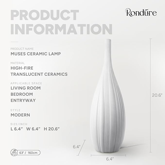 RONDURE 20.6" Modern Ceramic Table Lamp, Fully Dimmable Modern Bedside Lamps for Bedroom, Living Room and Nightstand, White Translucent Ceramic Shade, Warm Ambient Lighting, Corded, Bulb Included