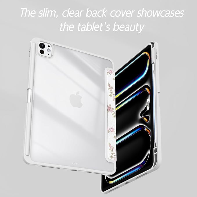 Case for iPad Pro 11-Inch M5/M4 2025/2024 (6th/5th Generation), Case with Pencil Holder, Clear Back Cover Cute Cool Design for Women Girls, Auto Sleep/Wake, Pink Flower