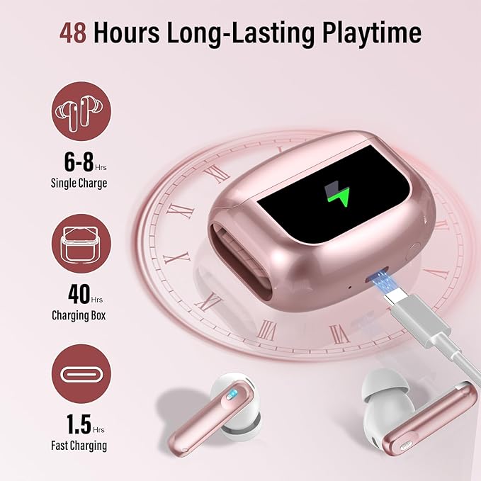 Thunelec Wireless Earbuds, Bluetooth 5.4 Headphones with Multifunctional Touch Screen, 48H Bass Stereo Ear Buds with ANC/ENC Noise Cancelling/Transparency Mode, IPX7 Earphones with 5 EQ Modes, Rose