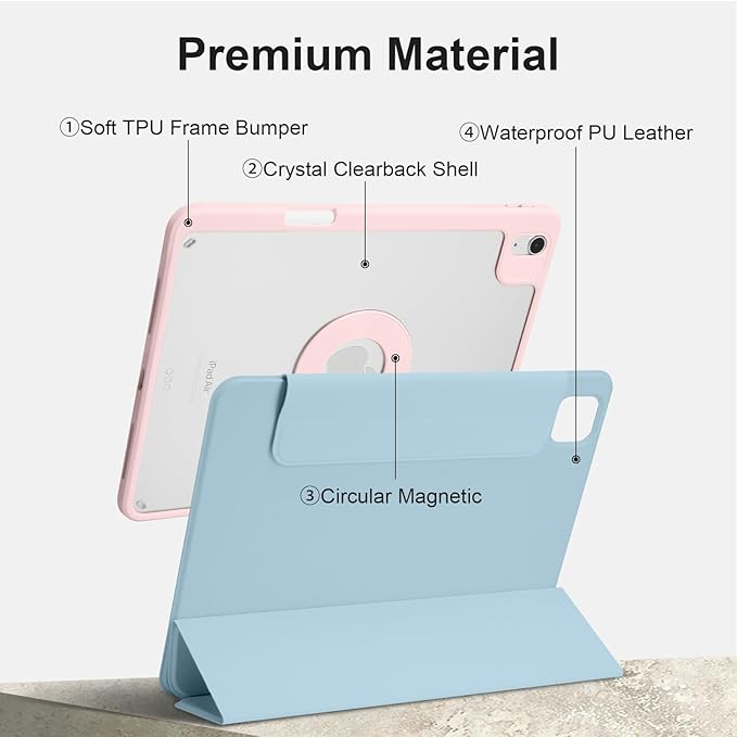 Case for iPad Air 11" M4/M3/M2 2026/2025/2024, iPad Air 10.9" 5th/4th 2022/2020, iPad Pro 11" 4th/3rd/2nd 2022/2021/2020 with Pencil Holder, Vertical Stand, Detachable Magnetic, Ice Blue+Pink