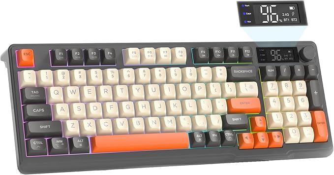 ZIYOU LANG M96 Wireless Gaming Silent Membrane Keyboard,Display Screen & Knob with Multimedia Keys Dual Mode Bluetooth/2.4Ghz,Rainbow Backlight 94Keys Ball Shape PBT Keycap ANSI Layout for Win/Mac