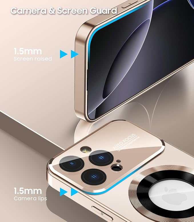 MAKAVO Magnetic for iPhone 16 Pro Max Case, Compatible with MagSafe, Built-in Camera Lens Protector, Logo View, Military Grade Drop Protection Phone Cover, Desert Titanium