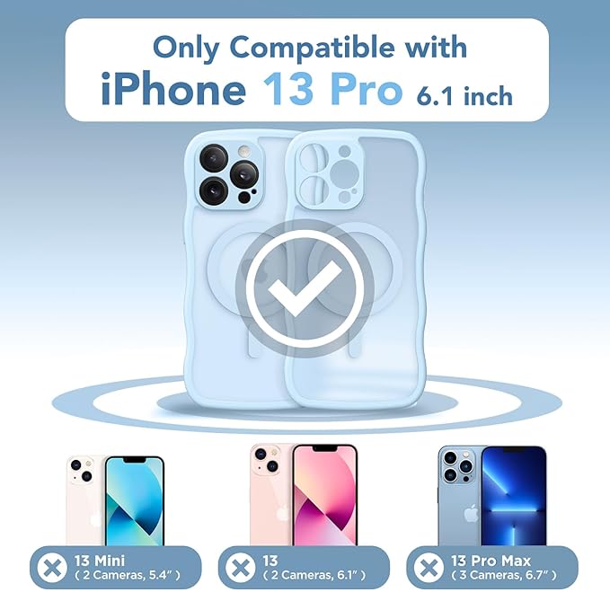 CAPRARO Cute for iPhone 13 Pro Case, Compatible with MagSafe, [Curly Wave Edge] [Full Camera Protection] [14 FT Drop Protection] Magnetic Phone Case for 13 Pro 6.1 Inch, Light Blue