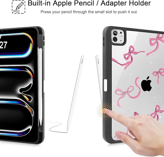 May Chen Case for iPad Pro 11-Inch M5/M4 2025/2024 (6th/5th Generation), Clear Transparent Print Back Shell Slim Stand Shockproof Tablet Cover, Auto Wake/Sleep, White Bows