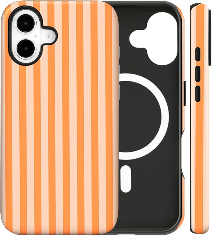 Magnetic for iPhone 17 Case Cute Stripes Phone Case, Shockproof Slim TPU and Hard PC Protective Phone Cover Compatible with MagSafe Designed for Women Girls, Orange