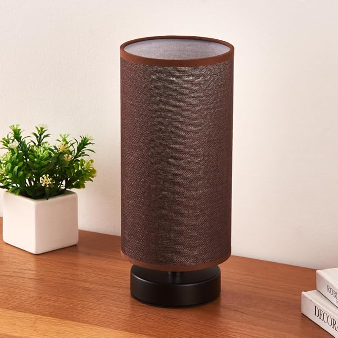 lifeholder Table Lamp, Bedside Nightstand Lamp, Simple Desk Lamp, Cylinder Table Lamp for Bedroom Living Room Office Study, Brown Shade and Black Base (Brown)